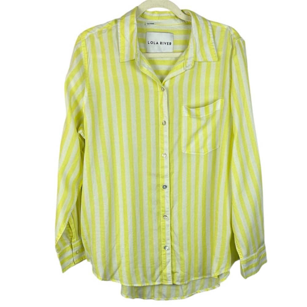 Lola River Yellow & White Vertical Stripe Long Sleeve Button-Down Large Shirt